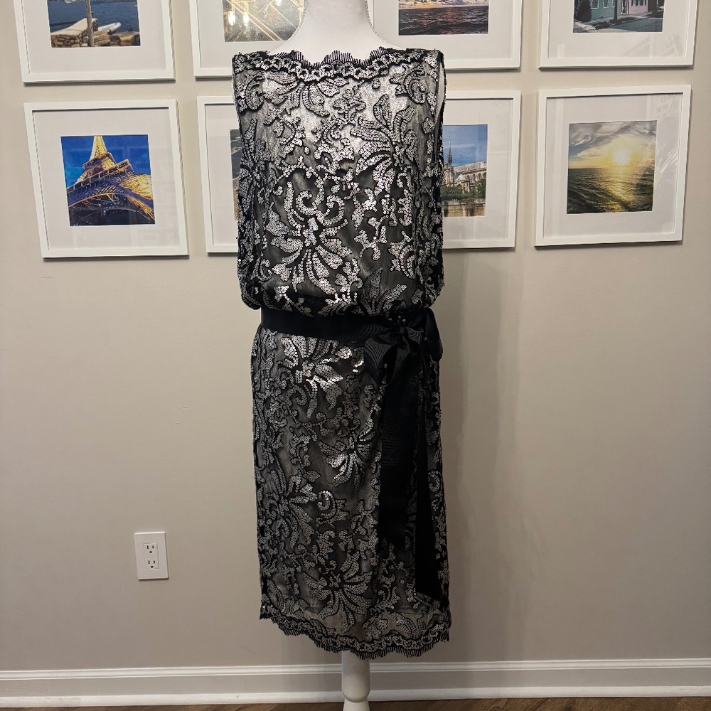 Tadashi Shoji Black and Silver lace embellished sleeveless cocktail dress
